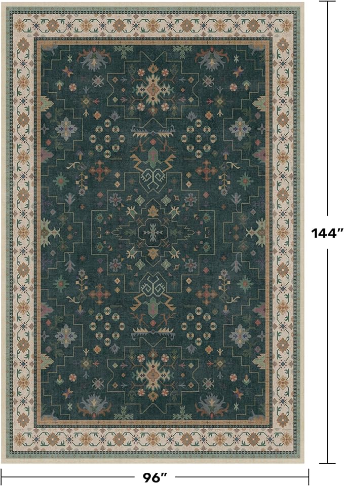 Hazo Haus Vintage 8x12 Large Area Rugs for Living Room - Oriental Dark Green Rug for Bedroom Under Bed, Washable Soft Dining Room Rug Under Kitchen Table, Low Pile Non Slip Unique Indoor Décor