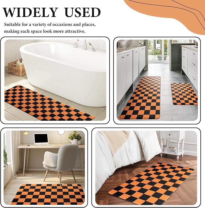 Black Orange Checkered Grid Checkerboard Kitchen Rug Sets [2 PCs], Anti-Fatigue, Waterproof Non-Slip Kitchen Mats Heavy Duty Ergonomic Comfort Foam Rug for Floor, Home,17"x29"+17"x47"
