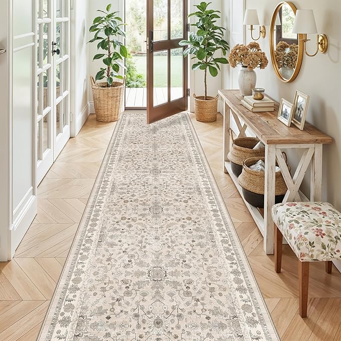 3x12 ft Long Kitchen Runner Rug - Non-Slip Washable Hallway Rug with Rubber Backing,Boho Floral Soft Low Pile Floor Carpet Runner for Entryway,Bedroom,Living Room（Beige,3x12）