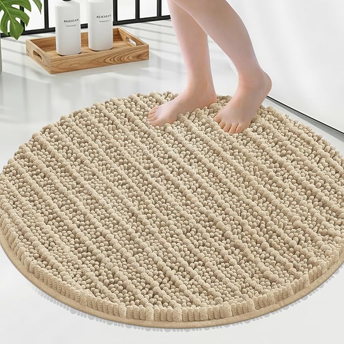 Smiry Bathroom Rugs Mat Round 24x24, Soft Absorbent Chenille Bath Rugs, Non Slip Rubber Backing Machine Washable Quick Dry Bath Mats for Bathroom Floor, Tub, Shower, Home Accessories, Beige