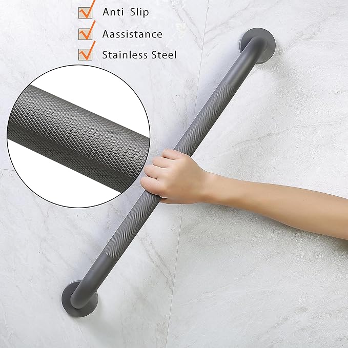 Shower Grab Bar, 2 Pack 24 Inch Gray Bathroom Grab Bar, 1.25" Diameter 304 Stainless Steel Anti-Slip Grab Bars for Bathtubs and Showers, Handicap Shower Grab Bar for Seniors Elderly