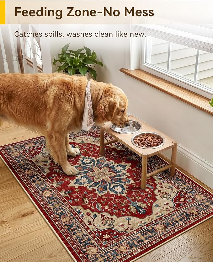 RELEANY Area Rugs Small 2'x3' Washable Non-Slip, Floral Vintage Distress Medallion Carpet for Kitchen Entryway Bathroom, Red Blue