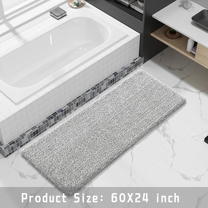 Yimobra Luxury Bathroom Rugs, Fluffy Bath Mats, Non Slip, Water Absorbent Microfiber, Machine Washable, Plush Runner Shower Rugs, Thick Matts for Bathroom Floor&Tub, 60" X 24", Light Gray and White