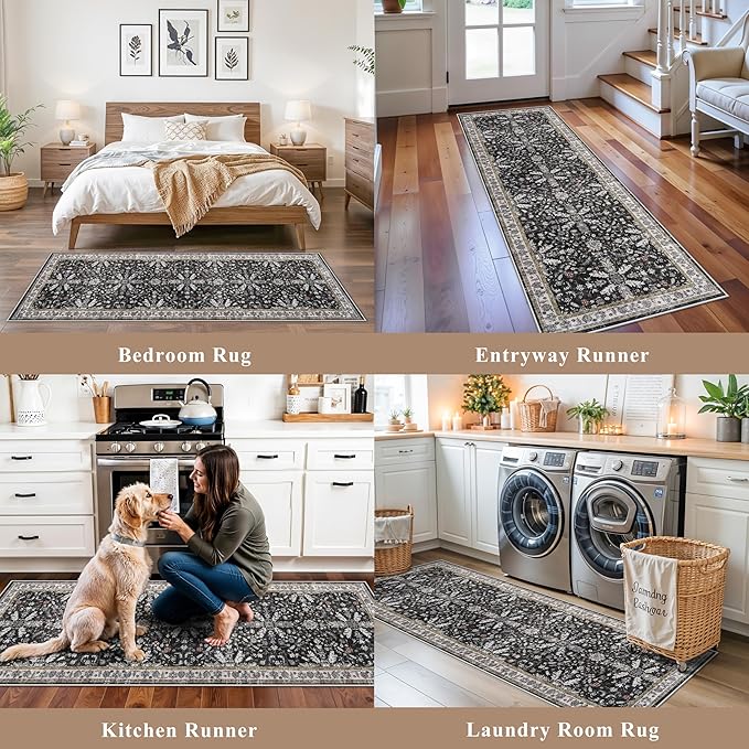 2x10 Hallway Runner Rug Non Slip Washable – Boho Floral Long Floor Carpet Runner for Kitchen Entryway Bedroom Living Room, Soft Low-Pile Thin Area Rug (Black, 2x10)