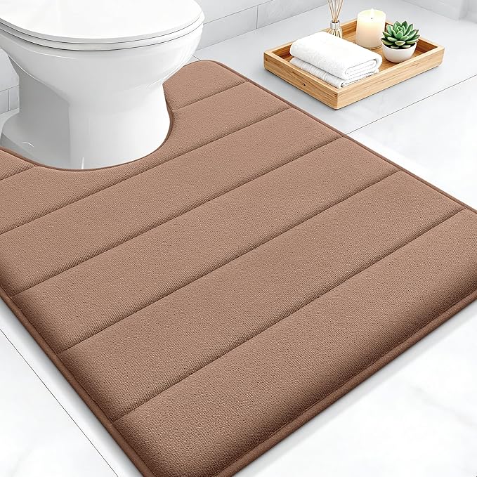 OLANLY Memory Foam Toilet Rugs U Shaped 24x20, Super Soft Absorbent Contour Bath Rugs, Quick Dry, Machine Washable Toilet Mat, Bathmat Floor Carpet, Bathroom Home Decor Accessories, Mocha