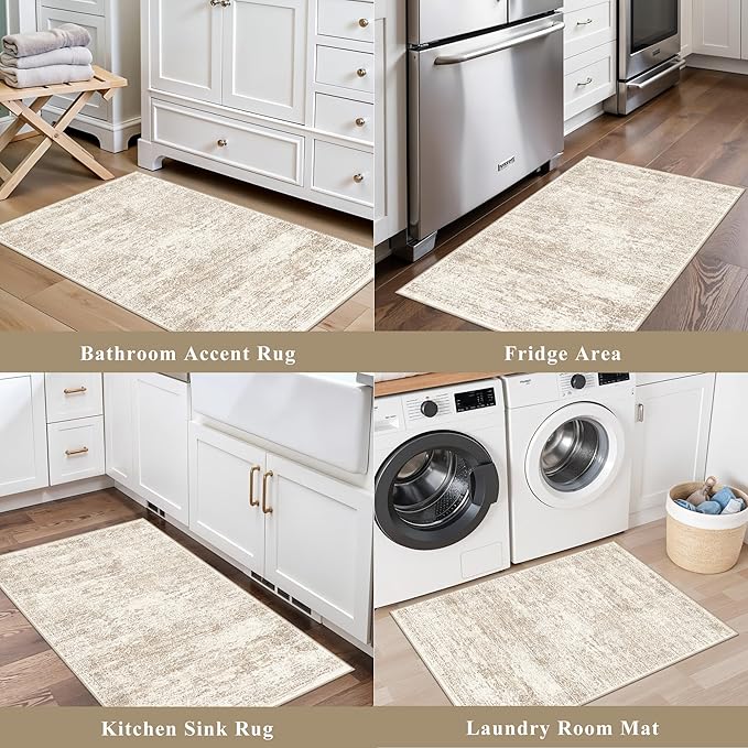 2x3 Feet Washable Entryway Rug, Non-Slip Small Kitchen Throw Mat for Sink, Soft Low-Pile Stain & Fade-Resistant Indoor Mat for Pet Area & Bathroom (Cream/Beige)