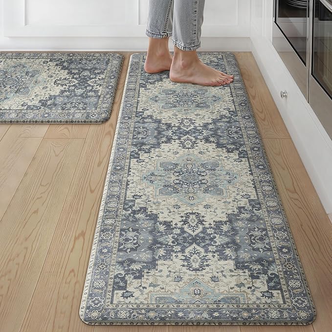GENIMO Kitchen Mats for Floor 2PCs, Washable Anti Fatigue Mat for Cushioned, 17.3"x59"+17.3"x30", Waterproof Kitchen Rugs, Non Slip Comfort Standing Mat Rug for Home, Sink, Laundry, Center Blue