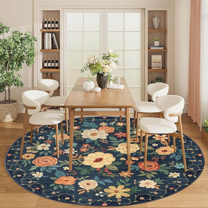 DUKINO Floral Round Rug, 6ft Washable Circle Rug, Non Slip Indoor Low Pile Circle Rug, Soft Small Boho Design Carpet for Bedroom, Entryway, Living Room, Dining Room, Dark Blue