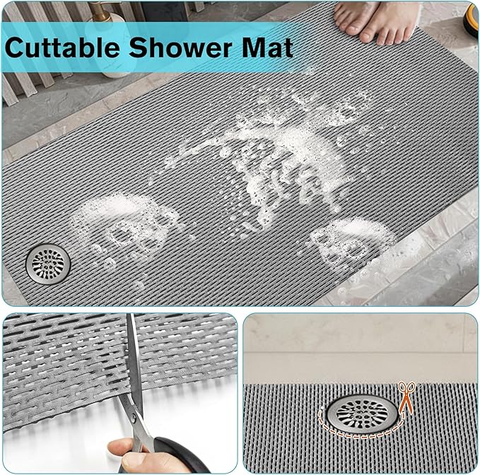 Extra Large Non-Slip Shower Mat, 58.26" x 31.49" Bathroom Shower Mat, Fast-Dry Drainage Hole PVC Bath Tub Mat, Anti Slip Bathroom Safety Accessory for Elderly/Kids, Gray