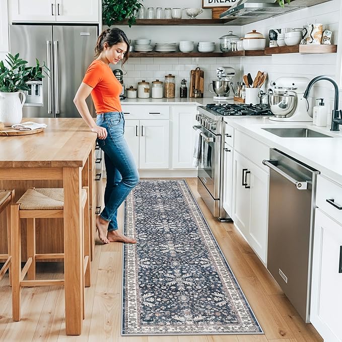 2x8ft Washable Non Slip Kitchen Rugs – Boho Floral Stain-Resistant Low-Pile Floor Carpet Runner for Hallway, Bathroom, Bedroom, Entryway (Blue, 2x8)