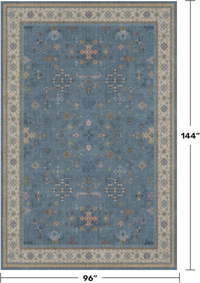 Hazo Haus Boho 8x12 Large Area Rugs for Living Room - Eclectic Dusky Blue Rug for Bedroom Under Bed, Dining Room Under Kitchen Table, Washable Soft Non Slip Unique Colorful Indoor Décor
