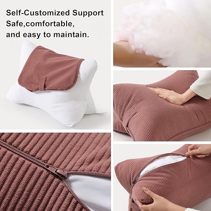 Pat. Pend. Corduroy Back Pillow for Sitting Up & Reading, Ergonomic Triangle Lumbar Support Cushion for Sofa, Armchair & Bed, Removable Cover, Brick Brown