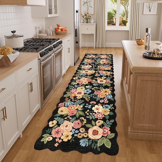 DUKINO Washable Runner Rug, 2x7 Lightweight Soft Floral Hallway Rug Runner with Low Pile Design, Non Shedding & Non Slip Backing Thin Indoor Carpet for Bedroom, Bathroom, Entrance, Kitchen, Black