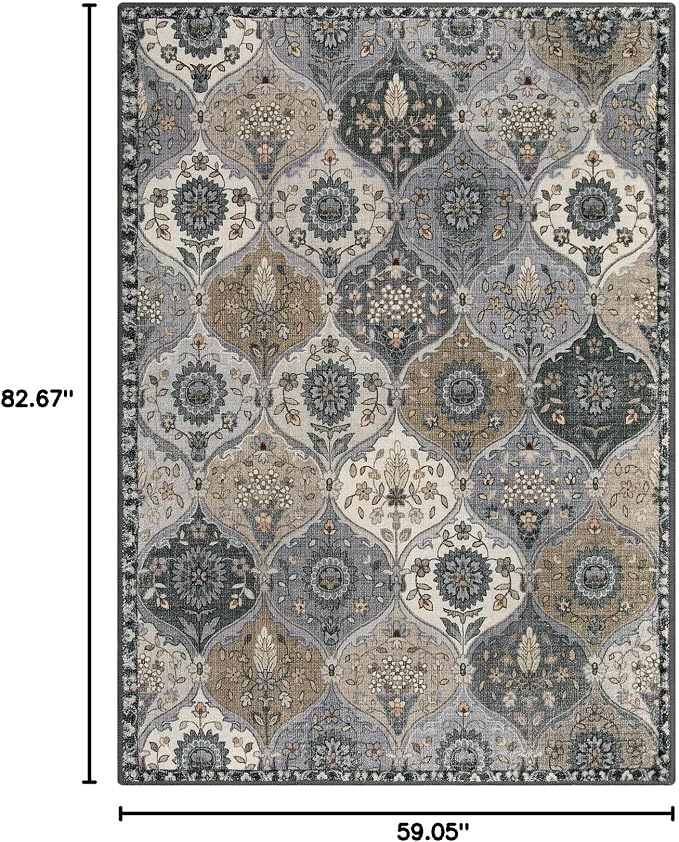 Lahome Moroccan Trellis Washable Area Rug, 5x7 Rugs for Living Room Indoor Non-Slip, Large Oriental Accent Throw Carpet for Bedroom Entryway Bathroom Office Elise, Grey