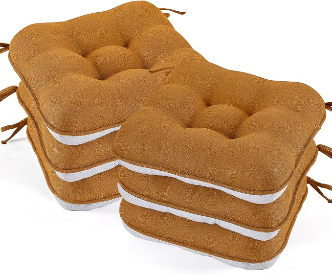 BETU Chair Cushions for Dining Chairs Set of 6,3.5" Thick Kitchen Table Chair Pads with Ties,Non Slip Backing and Covers, Seat Cushion for Dining Room,Bar,Patio Chairs,15.5"X15.5"X3.5",Caramel