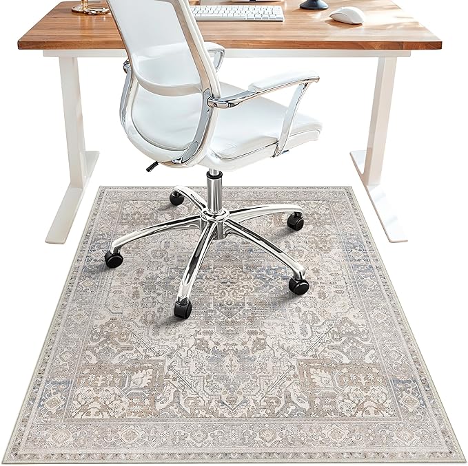 48"x60" Office Chair Mat for Hardwood Tile Floor, Under Desk Carpet Protector for Rolling Computer Chair Mat, Machine Washable Area Rug, Anti-Slip 1/5" Thick Low Pile Thin Vinyl Floor Mat, Khaki Blue