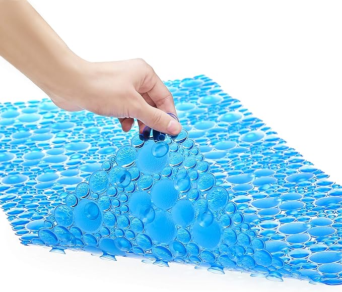 Extra Long Pebble Bath Tub Shower Mat 34.2 x 15.7, Bathmat Non-Slip with Suction Cups, Machine Washable, Bathroom Mats, Smooth/Non-Textured Surface Only (34.2" x 15.7", Transparent Blue)