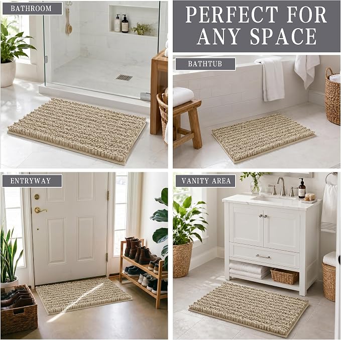 Yimobra Bathroom Rugs Non Slip Washable 24x17 Inch - Ultra Soft Absorbent Chenille Bath Mat, Quick Dry Shaggy Floor Carpet for Tub Shower, Camel Home Decor Accessories