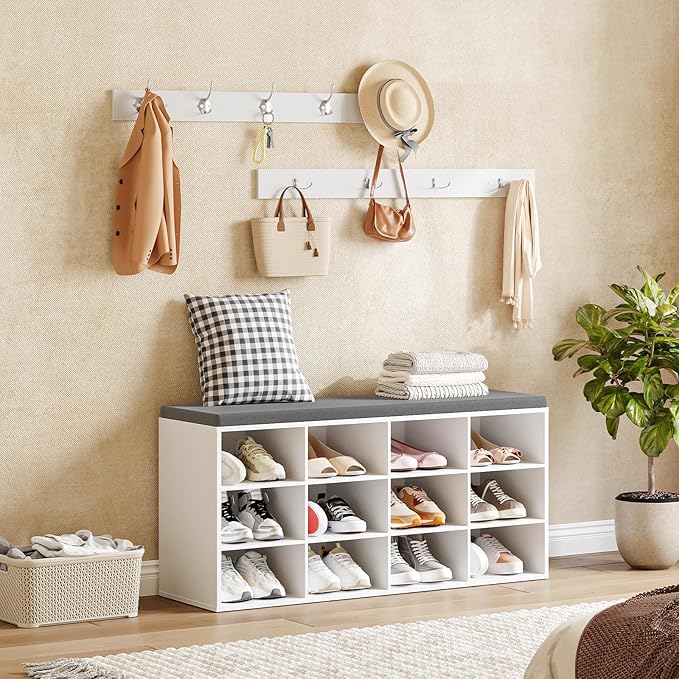 HOOBRO Shoe Storage Bench with Cushion, 39.4" L Entryway Bench with 12 Cubbies, Entryway Hall Tree with Storage, Cubby Shoe Rack Bench with Coat Rack for Hallway, Holds up to 330 lb, White WT112HX01