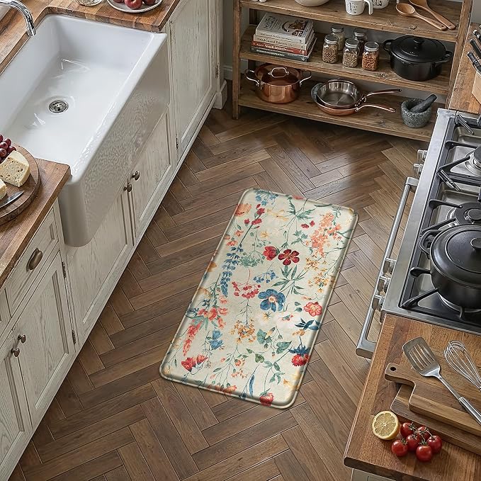 PureCozy Kitchen Mats 2PCS Anti Fatigue Cushioned Mat Non Slip Floral Boho Kitchen Mats for Floor Waterproof Comfort Standing Beige Rug for Sink Laundry Office Desk 17.3"x47"+17.3"x30"