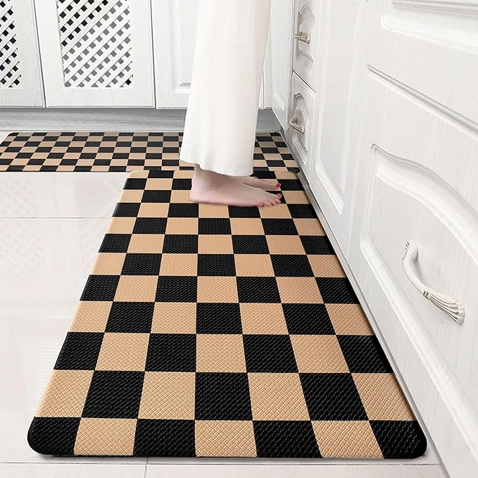 Black Brown Checkered Grid Checkerboard Kitchen Rug Sets [2 PCs], Anti-Fatigue, Waterproof Non-Slip Kitchen Mats Heavy Duty Comfort Foam Rug for Kitchen, Floor, Home, Laundry,17"x29"+17"x47"
