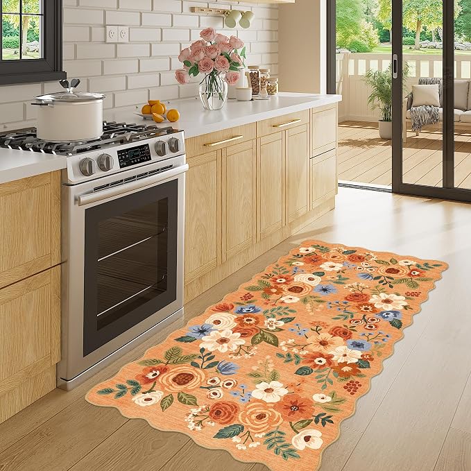 DUKINO 2x4 Washable Runner Rugs, Non Slip Floral Print Entryway Rug with Soft Low Pile, Lightweight Mat for Living Room, Bathroom, Bedroom, Kitchen, Orange