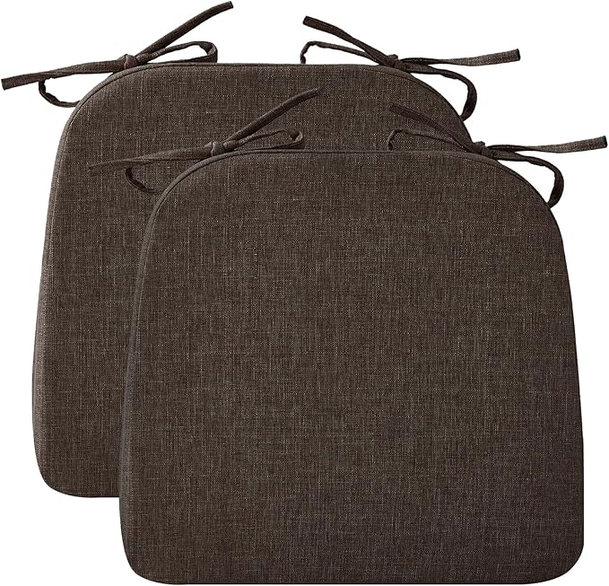 Ruqmuis Chair Cushions for Dining Chairs, 2" Thick Seat Cushions for Kitchen Chairs, D-Shaped Chair Pads with Washable Cover, Ties and Non Slip Backing, 17'' x 16'', Set of 2, Brown