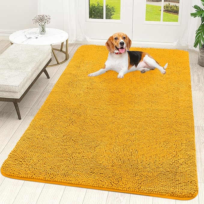 OLANLY Dog Door Mat for Muddy Paws 59x35, Absorbs Moisture and Dirt, Absorbent Non-Slip Washable Doormat, Quick Dry Chenille Mud Mat, Entry Indoor Entryway Carpet for Inside Floor, Golden Yellow
