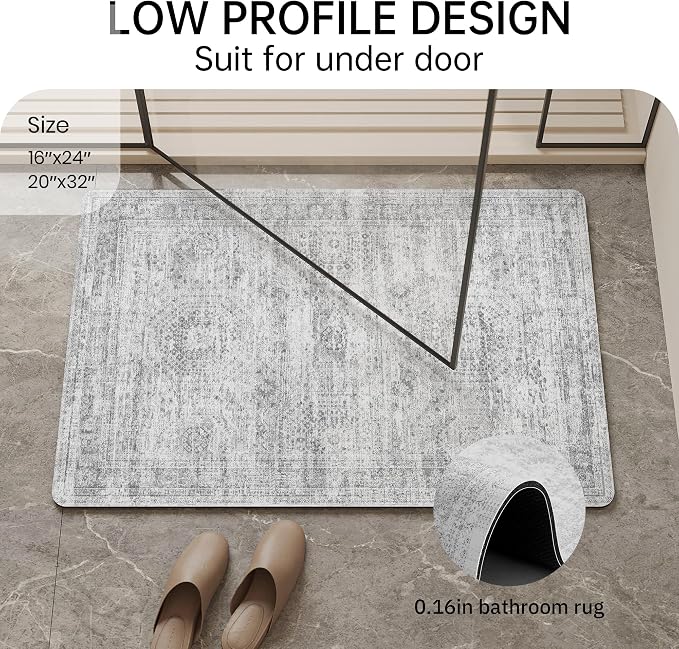 Mecko Bath Mat, Ultra Absorbent Quick Dry Bathroom Floor Mats-Rubber Non-Slip Thin Bathroom Rug Fit Under Door, Faux Suede Surface Shower Rug for Bathtub, Sink, Shower Room(Grey/Cream,16"x24")
