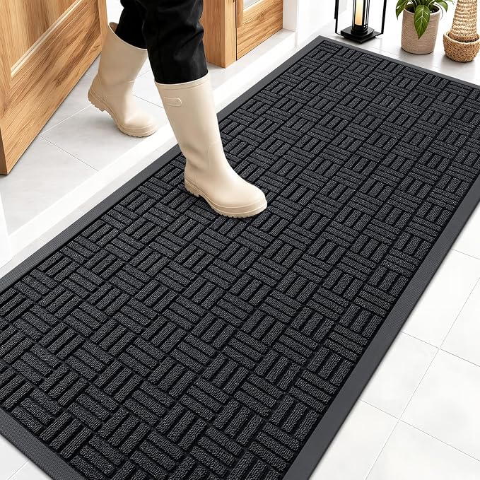 OLANLY Front Door Mat Outside Entrance 59x23, Absorbent, Heavy Duty Sturdy Natural Rubber Doormat Indoor Outdoor, Stain and Fade Resistant, Non-Slip Backing Low Profile Floor Mat for Entryway, Black