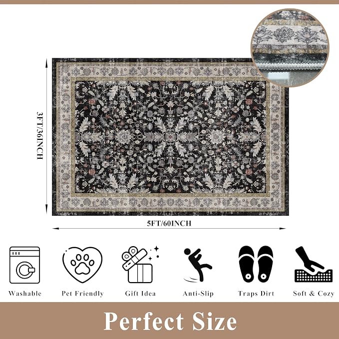 3x5 Kitchen Rug Washable Non-Skid, Boho Indoor Small Throw Area Rugs for Entryway Bedroom Living Room Floor, Soft Stain-Resistant Low-Pile Thin Doormat（Black, 3x5）