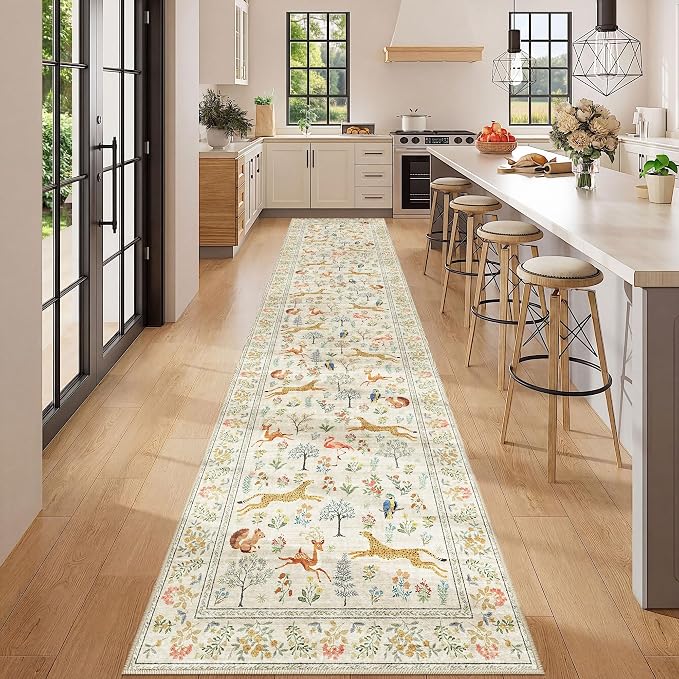 DUKINO 2.6x12 Hallway Runner Rug, Vintage Washable Long Kitchen Rug with Non Slip Backing, Stain Resistant & Low Pile Animal Print Floor Carpet for Indoor Entrance Bathroom, Laundry, Bedroom, Beige