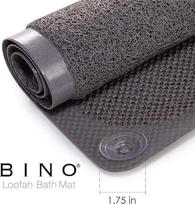 BINO | Loofah Non-Slip Bath Mat for Tub - Grey | Spa-Inspired Comfort, Quick-Drying, Secure Suction Cups | Exfoliating Shower Mat for a Luxurious and Safe Bathing Experience