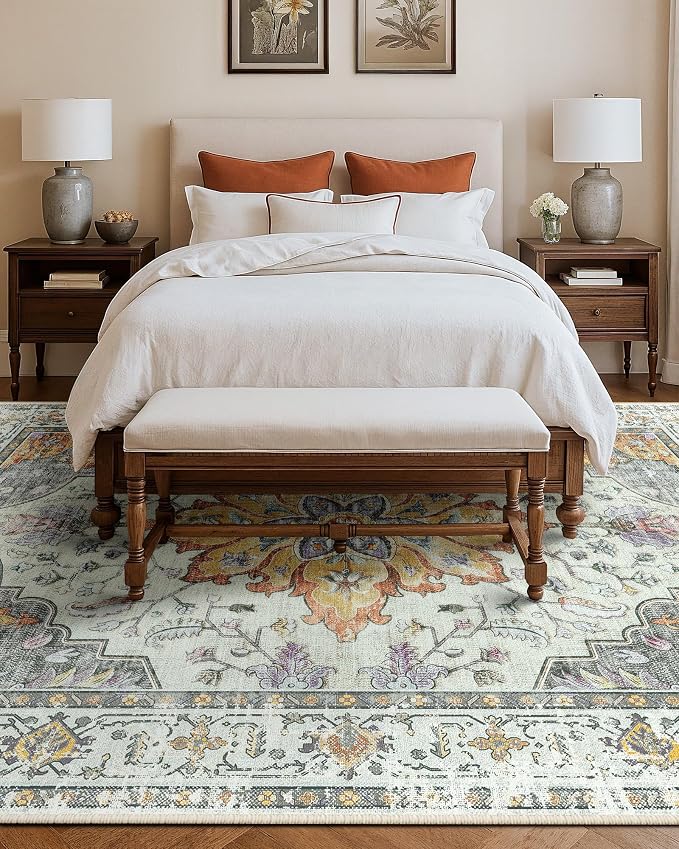 RELEANY Area Rugs Large 9'x12' Washable Non-Slip, Floral Vintage Distress Medallion Carpet for Living Room Bedroom Dining Room, Beige Carbon Grey Orange