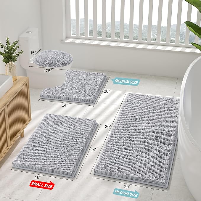 Smiry Luxury Chenille Toilet Rugs U-Shaped 24x20, Soft Absorbent Non-Slip Contour Bathroom Rugs for Toilet, Machine Washable Contoured Bath Mats, Light Grey