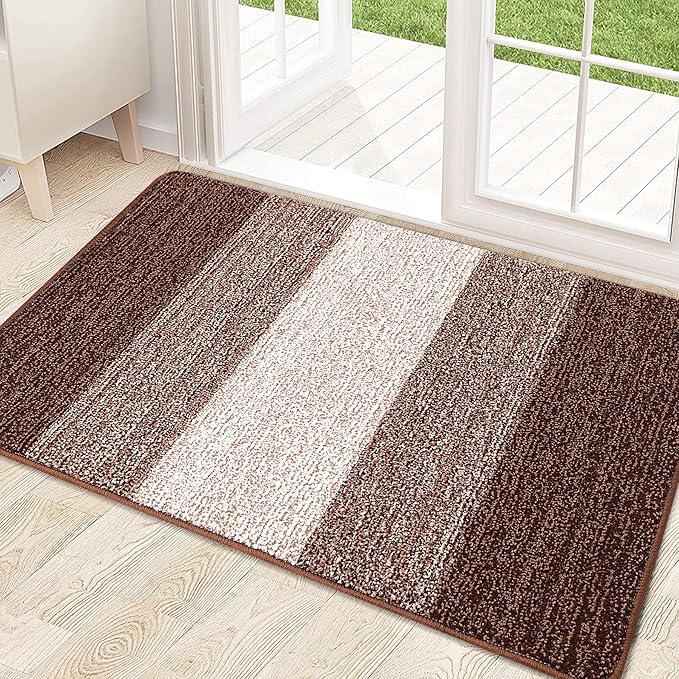 Kitinjoy Indoor Outdoor Door Mat, 32x20 Non-Slip Absorbent Dirt Trapper, Low-Profile Washable Inside Entrance Front Floor Mat, Sturdy Soft Entry Doormats for Entryway, Brown