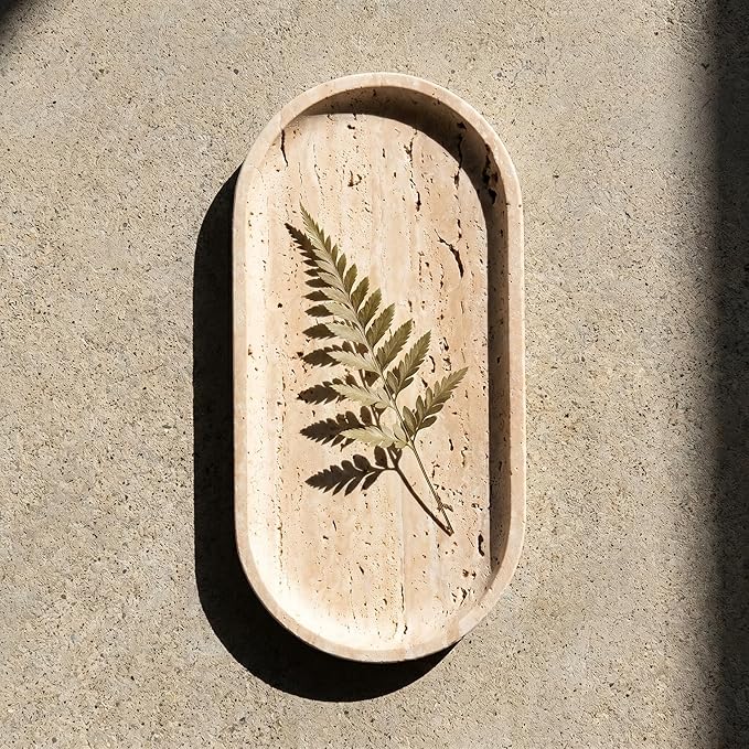 YKAJO Oval Real Marble Tray for Bathroom Kitchen Counter Stone Decorative Vanity Tray for Dresser Perfume Heavy Catchall Organizer for Soap Jewelry (Yellow Travertine, 9.8" x 4.7")