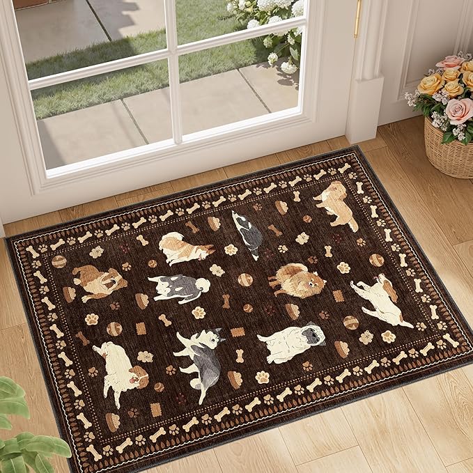 DUKINO 2x3 Entryway Rug, Washable Small Door Mat Indoor Entance Lightweight Area Rug with Non Slip, Low Pile & Non Shedding Animal Dog Throw Carpet for Kitchen, Bathroom, Bedroom, Kids Room, Brown