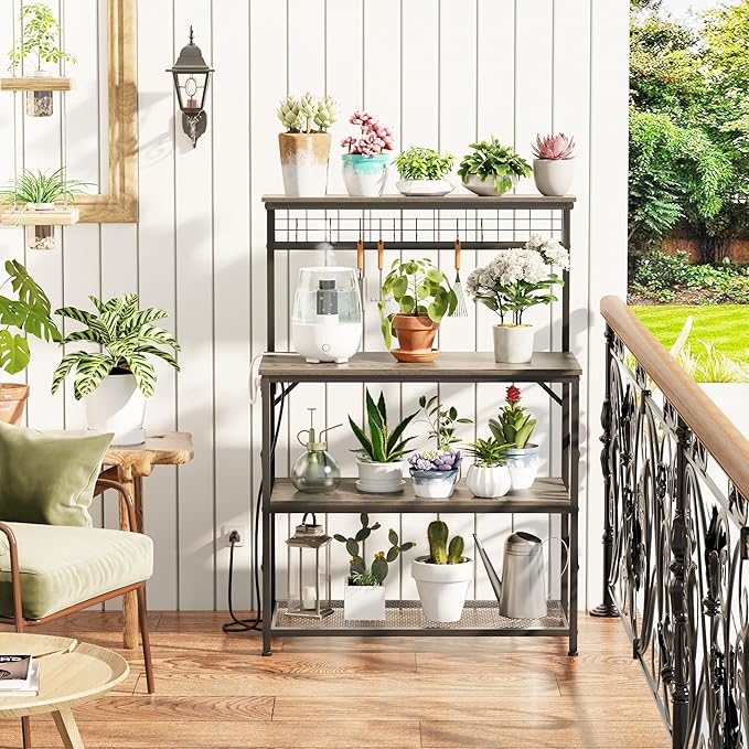 Furologee Kitchen Bakers Rack with Power Outlet,Coffee Stand with Storage 4 Tiers,Coffee Bar Station with a 31.5 Inch Larger Desktop and 8 S Hooks,Kitchen Microwave Rack for Spices,Pots,Black Oak