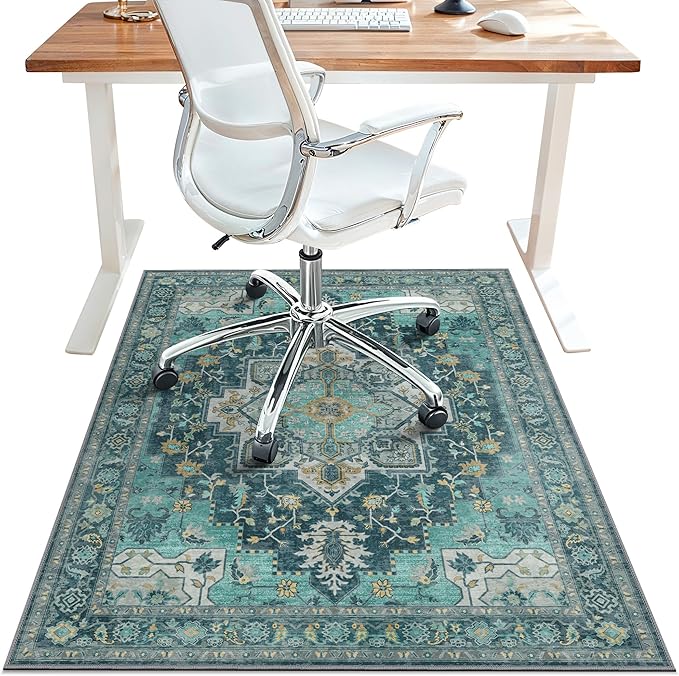 48"x72" Office Chair Mat for Hardwood Tile Floor, Under Desk Carpet Protector for Rolling Computer Chair Mat, Machine Washable Area Rug, Anti-Slip 1/5" Thick Low Pile Thin Vinyl Floor Mat, Turquoise