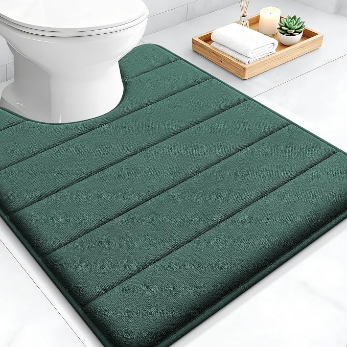 OLANLY Memory Foam Toilet Rugs U Shaped 24x20, Super Soft Absorbent Contour Bath Rugs, Quick Dry Machine Washable Toilet Mat, Bathmat Carpet, Bathroom Home Decor Accessories, Blackish Green