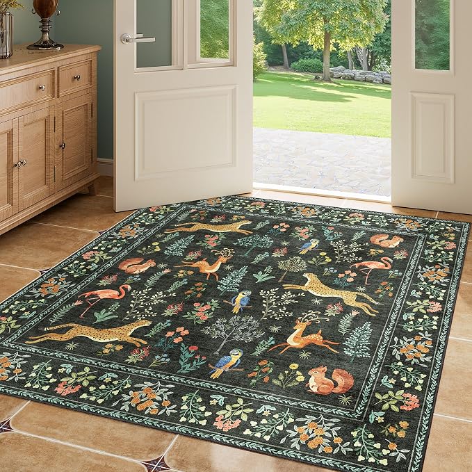 DUKINO 4x4 Square Area Rug for Entryway, Lightweight Animal Print Washable Rug with Non Slip, Non Shedding & Low Pile Soft Indoor Carpet for Kitchen, Bedroom, Home Office, Kids Playroom, Black