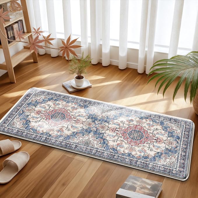 Boho Kitchen Mats for Floor 2 Piece Set Anti Fatigue Cushioned PVC Kitchen Rugs Non Slip Waterproof Farmhouse Mats 2/5 Inch Comfort Standing Mat for Sink, Laundry, 17.3"x59"+17.3"x28", Retro Blue