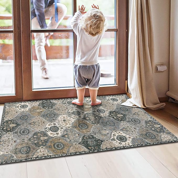 Lahome Moroccan Trellis Small Area Rug, 2x4 Rugs for Entryway Non-Slip Vintage Ultra-Thin Washable Indoor Door Mat Distressed Throw Carpet for Bathroom Kitchen Bedroom Elise, Grey