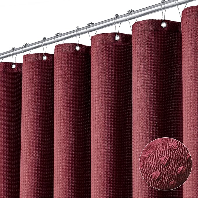 Dynamene Stall Fabric Shower Curtain - 36x72 Waffle Weave Weighted Cloth Shower Curtains for Bathroom, Neutral Heavy Duty Hotel Spa Luxury Bath Curtain Set with 6 Plastic Hooks, Burgundy
