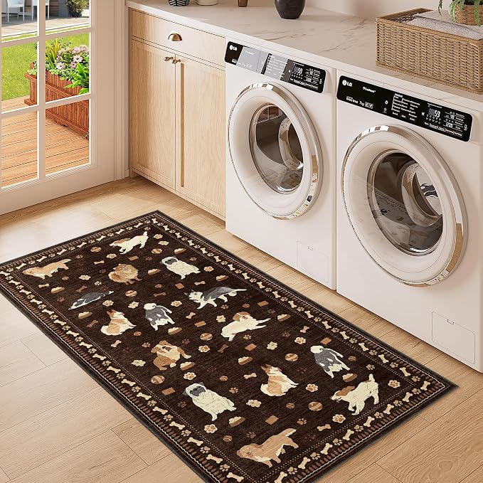 DUKINO 2x4 Runner Rug for Entryway, Animal Dog Print Washable Kitchen Rug with Non Slip, Low Pile Indoor Door Mat Non Shedding Small Throw Carpet Runner for Hallway, Bathroom, Laundry, Bedroom, Brown