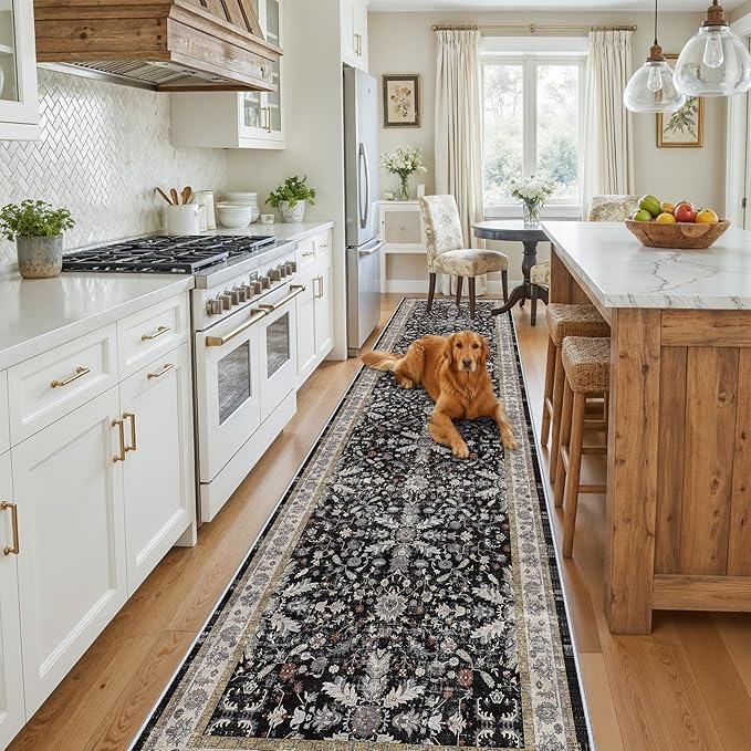 3x12 ft Long Hallway Runner Rug - Non-Slip Washable Soft Kitchen Rug with Rubber Backing,Boho Floral Low Pile Floor Carpet Runner for Entryway,Bedroom,Living Room（Black,3x12）