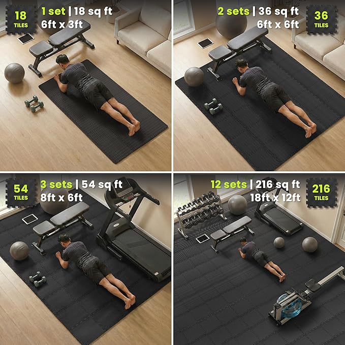 bemaxx Gym Mats Set - 18 pcs EVA Interlocking Foam Floor Tiles (12.6"x12.6"x0.4") 18sqft Protective Gym Flooring Sports Home Workout Exercise Mats Puzzle Garage Fitness Play-Room Pool Treadmill Bike