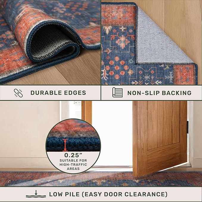 Washable 12 ft Long Runner for Hallway - Navy Blue Kitchen Floor Runner Rug, Pet Friendly Vintage Non Slip with Rubber Backing, Stain Resistant Laundry Room Rug (3x12 Navy Blue & Terracotta)