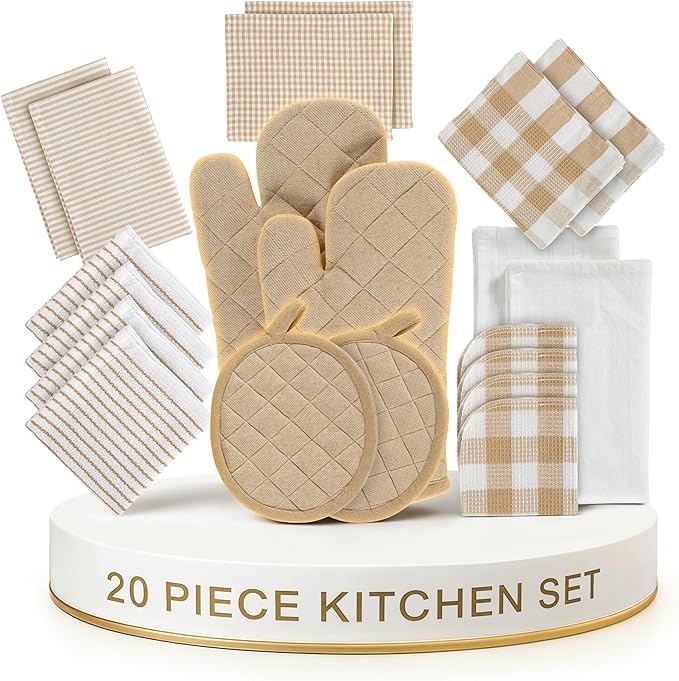 LANE LINEN 20 Piece Kitchen Linen Set - Soft Absorbent Cotton Dish Towels, Reusable Terry Dish Cloths, Flour Sack Towels for Baking, Quilted Oven Mitts & Pot Holders for Everyday Cooking - Beige